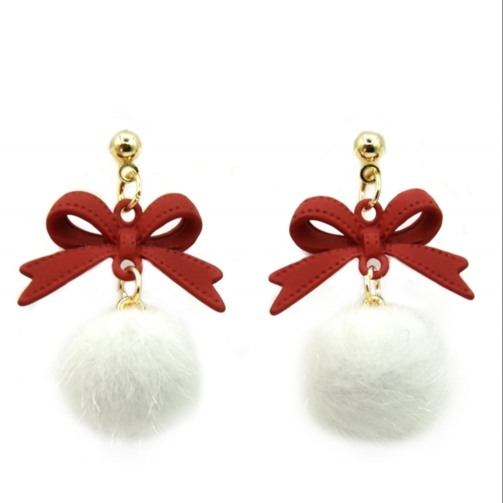 Red Bow Earrings with White Pom Poms